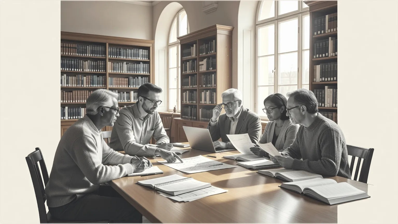 Researchers collaborating around a table with papers and laptops in a bright library