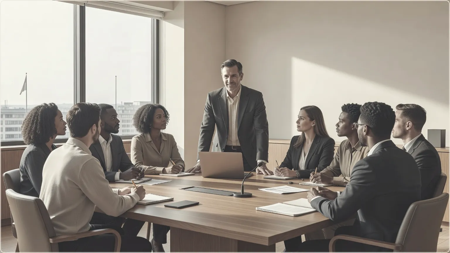 Office team collaborating as one member uses voice commands on a laptop