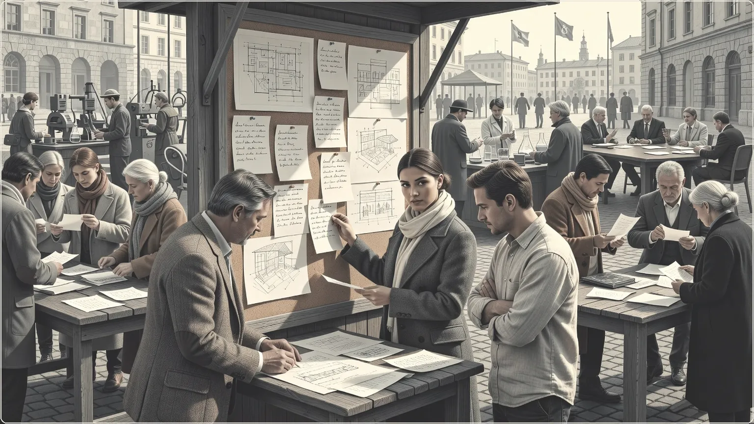 Developers exchanging idea notes at an outdoor marketplace stall