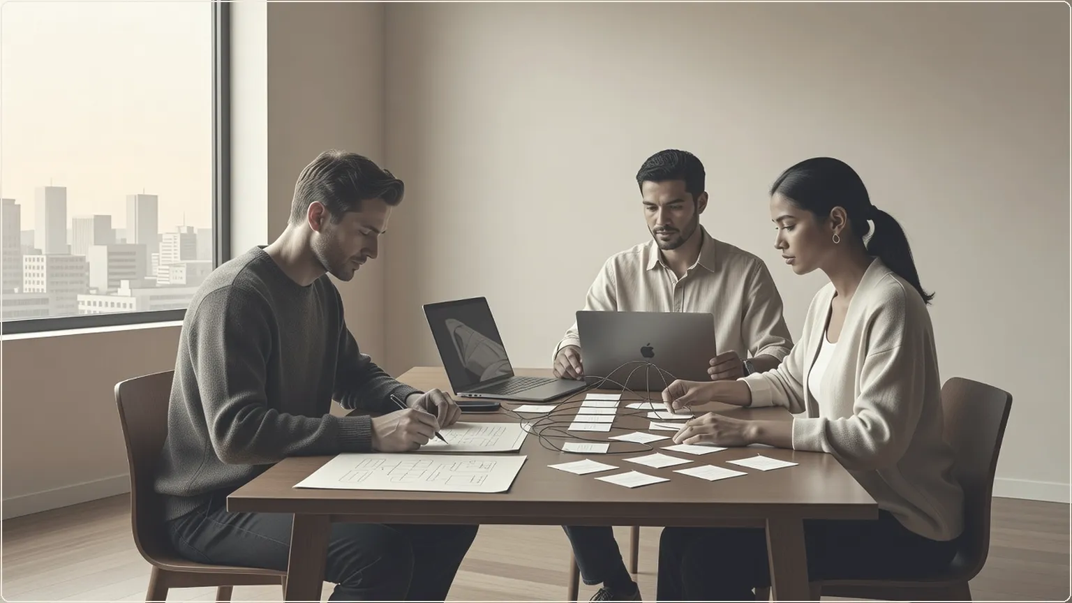 Developers collaborating around a table with sketches and laptops in a bright room