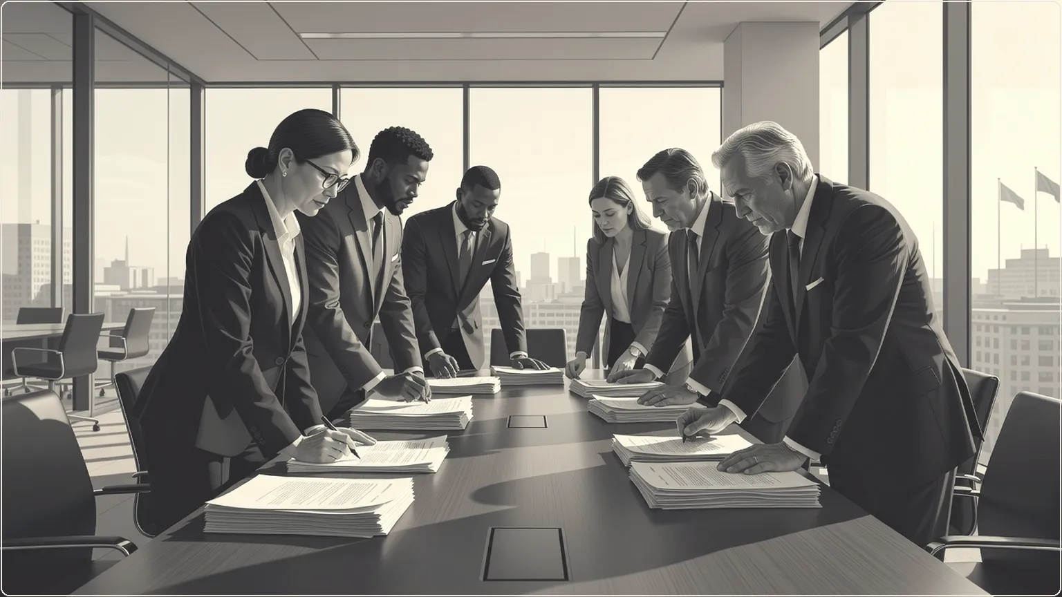 Executives reviewing large loan papers in a sunlit boardroom