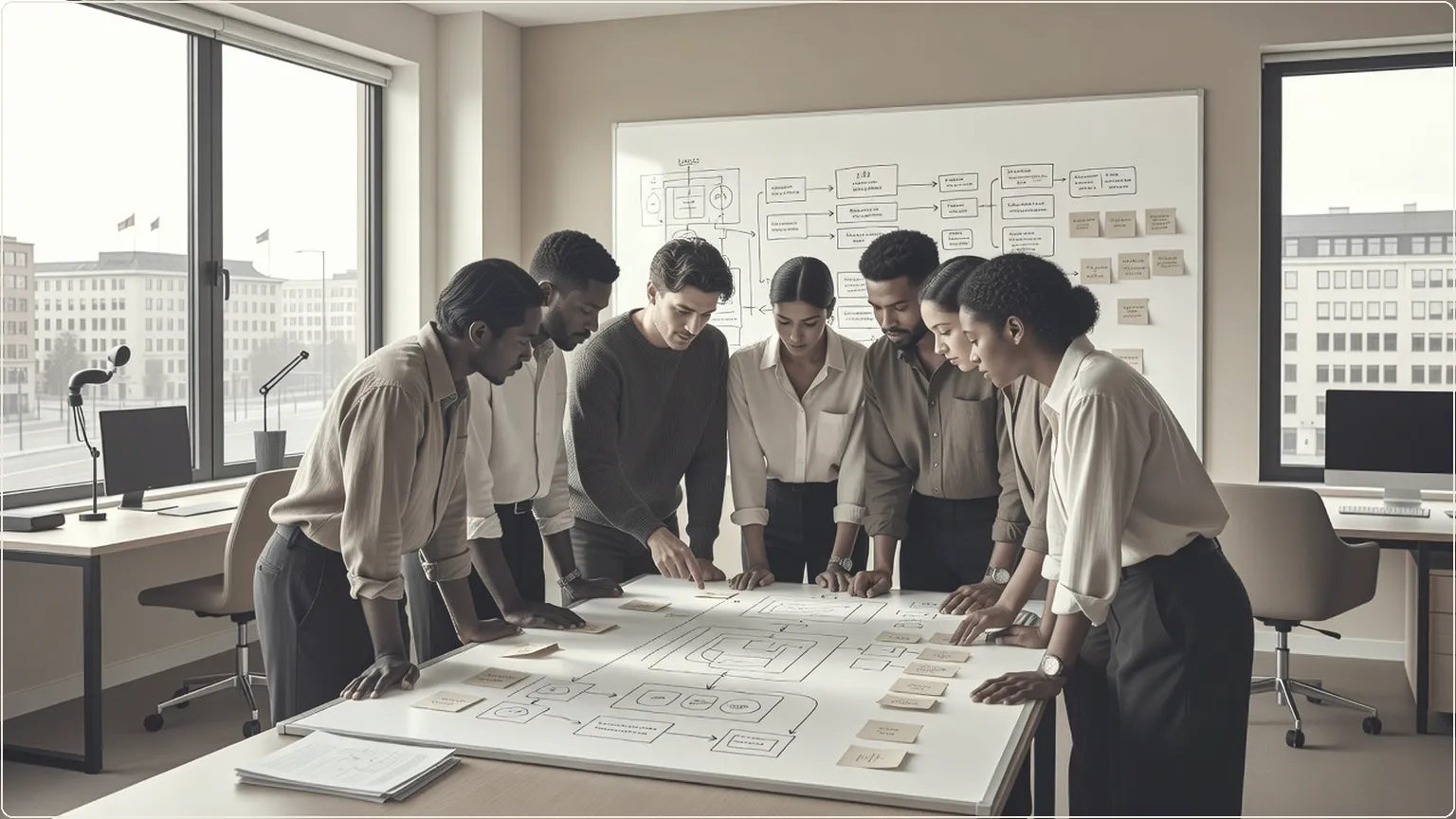 Developers collaborating around a whiteboard with diagrams in a bright office