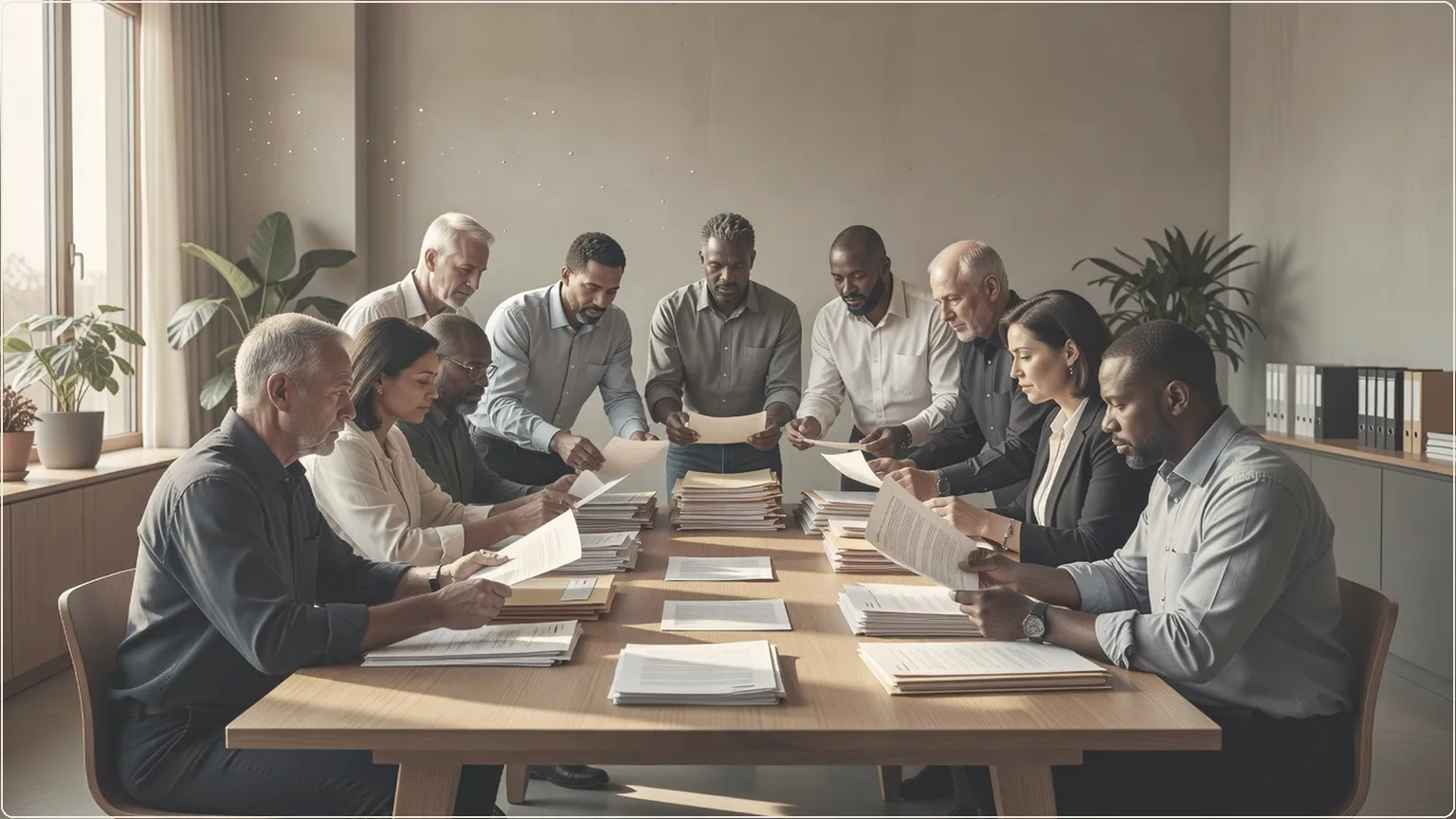Team arranging documents into a circular layout on a table