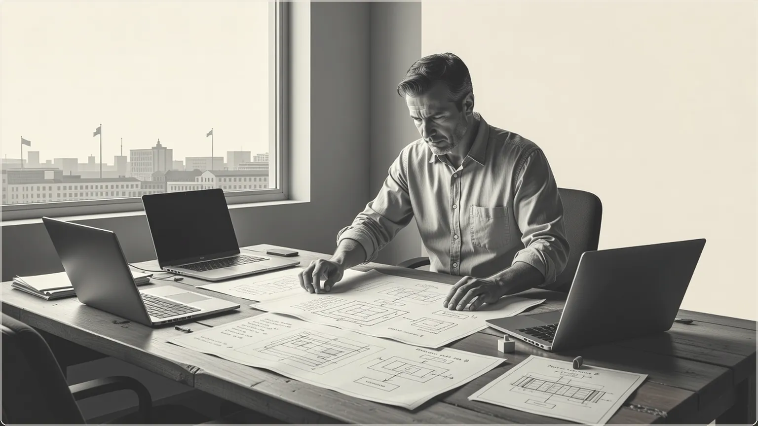 Engineer arranging diagrams from multiple laptops on a desk