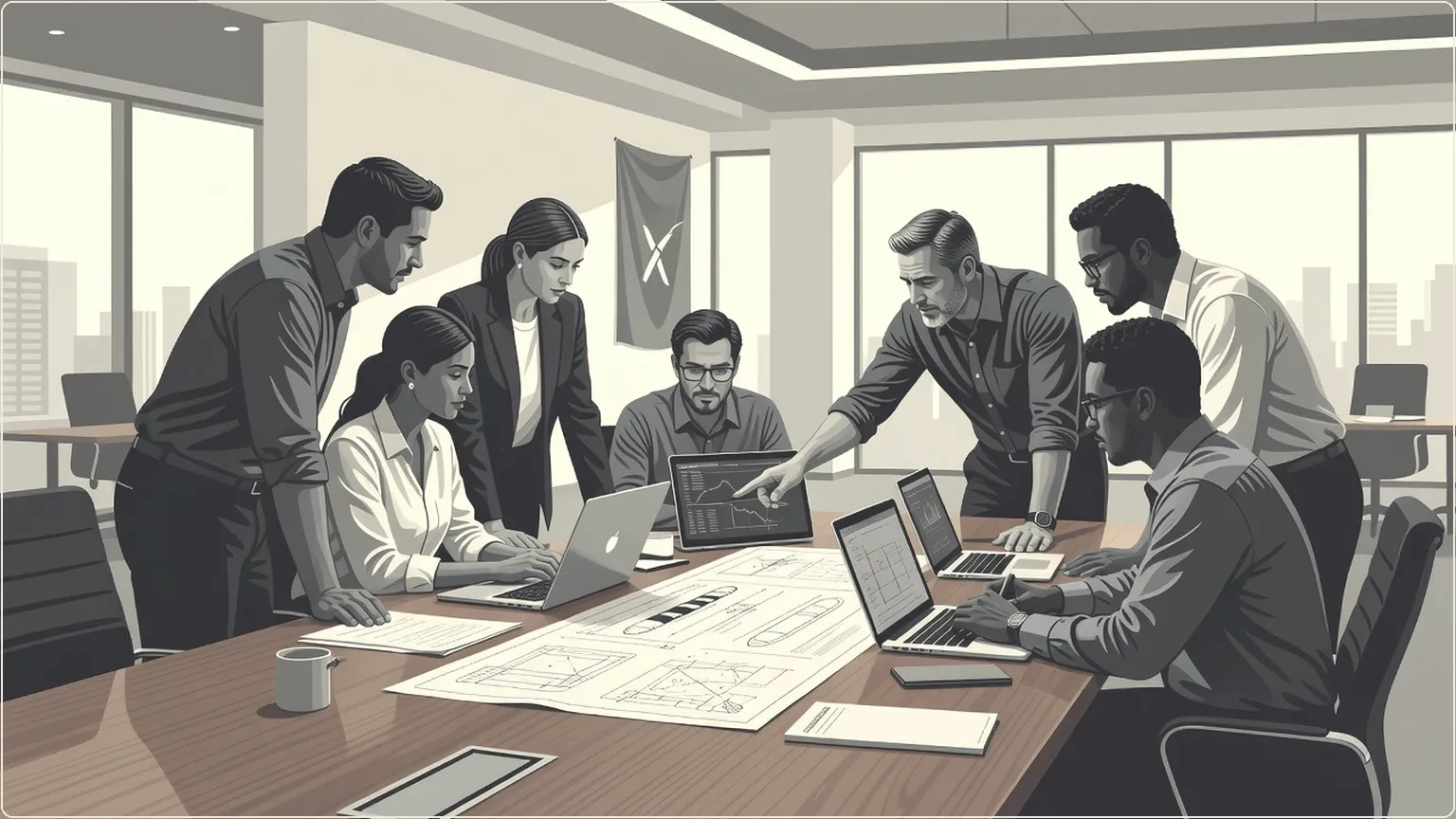SpaceX team reviewing documents and code at a wooden table in a bright office
