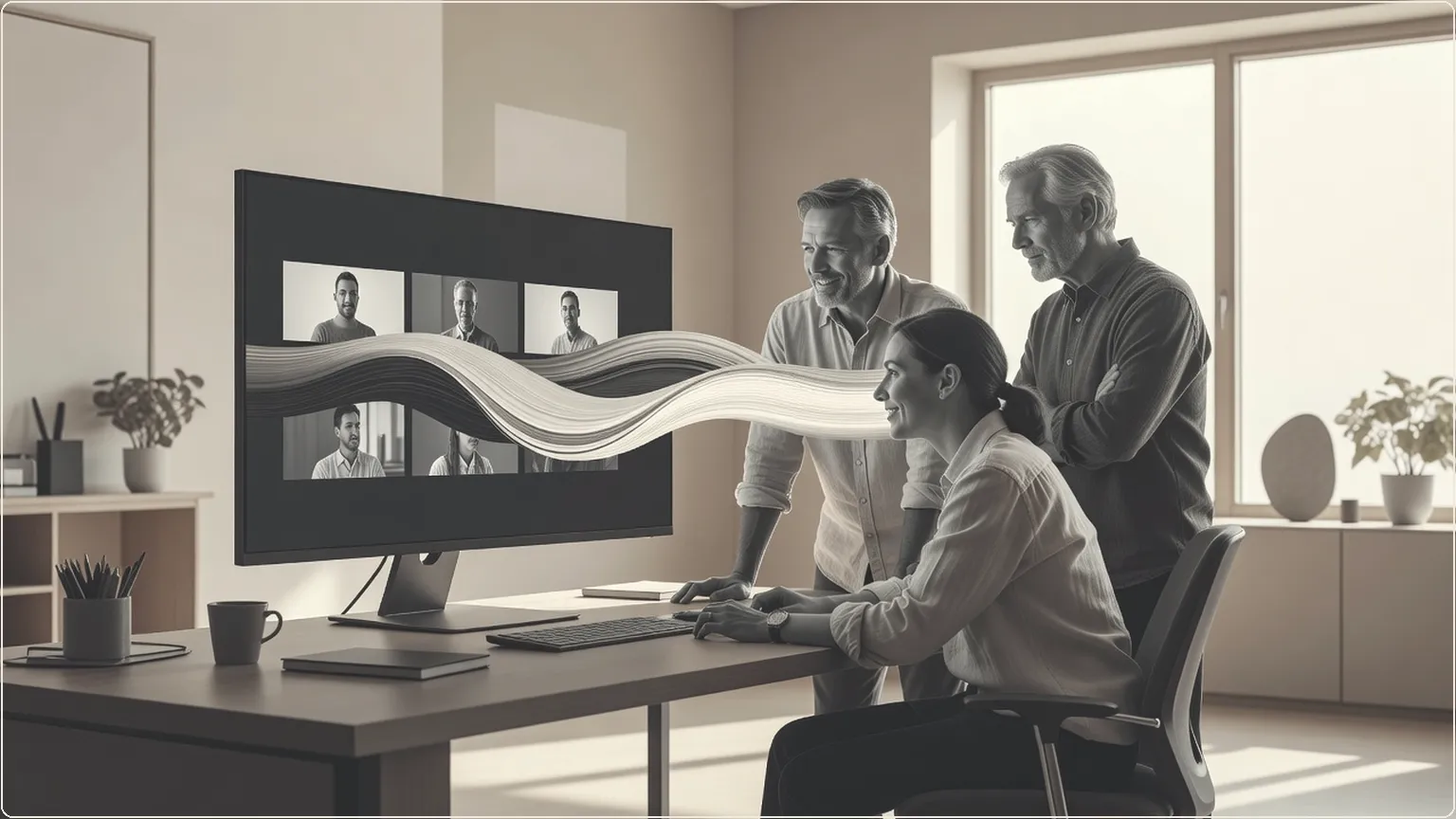 Video editors reviewing seamless footage in a bright studio