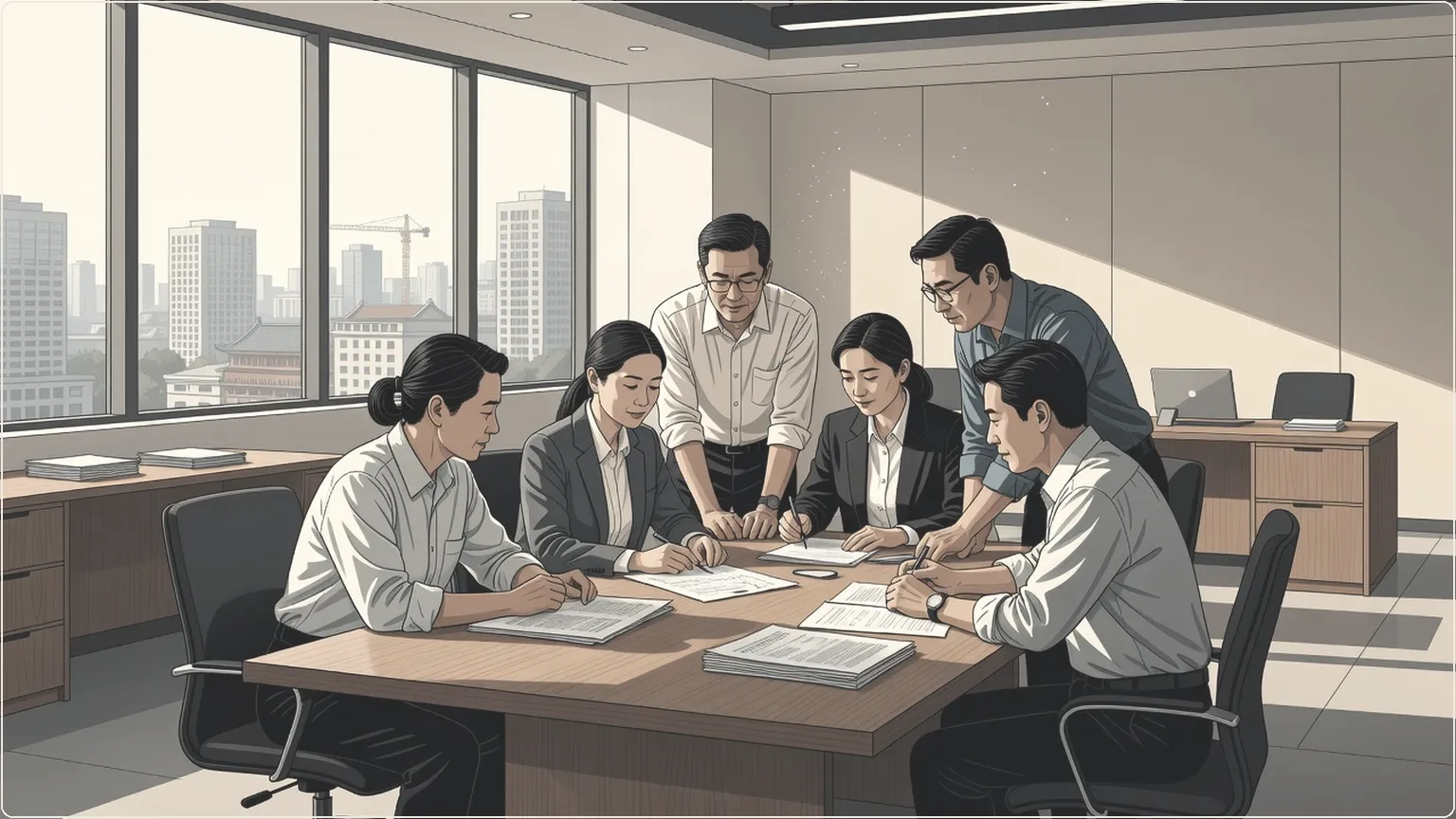Chinese engineers collaborating over documents at a table in a bright office