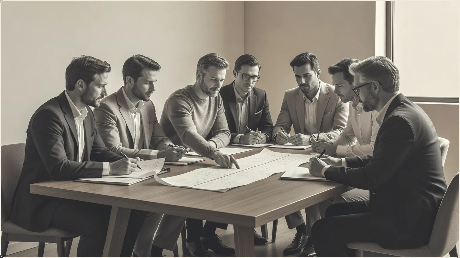 Engineers gathered at a table reviewing documents in a meeting room