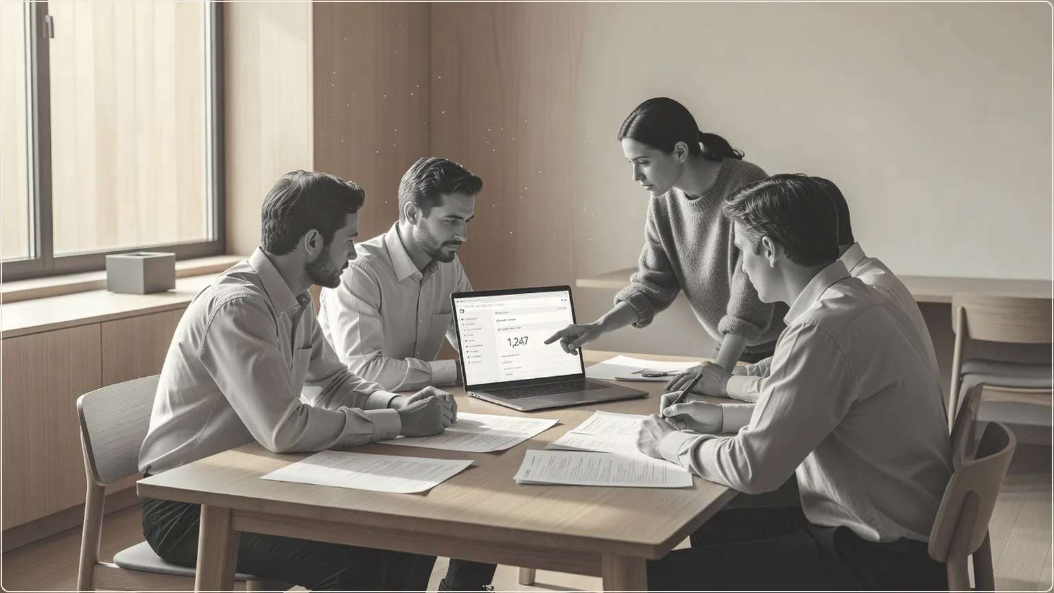 Developers collaborating over an open-source repository on a laptop in a bright workspace