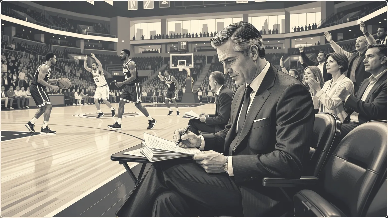 Venture capitalist reviewing papers courtside at a Lakers basketball game