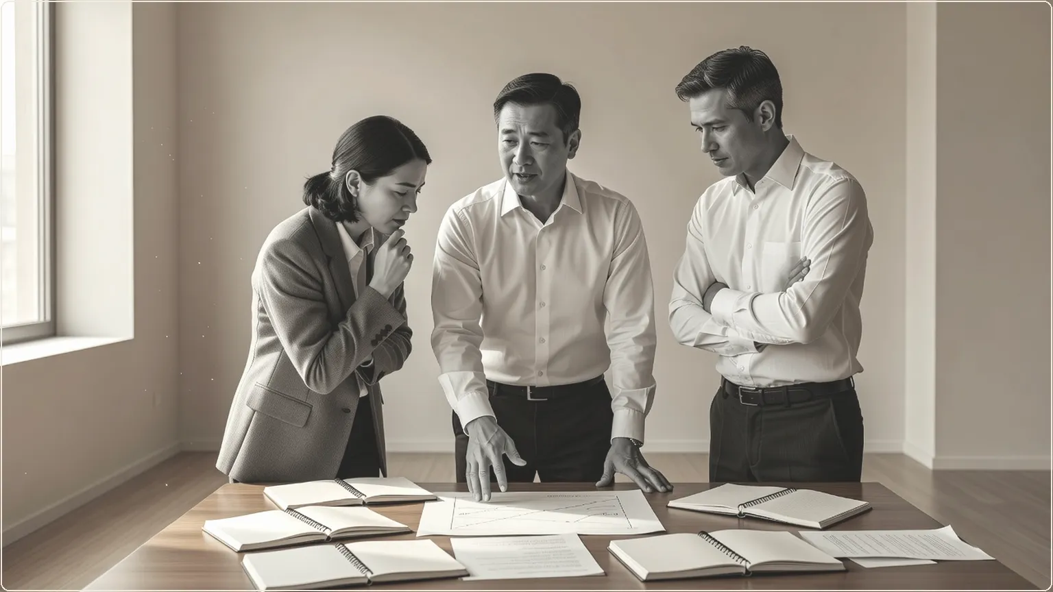 Andrew Ng discussing the Marin project with researchers over notebooks and charts