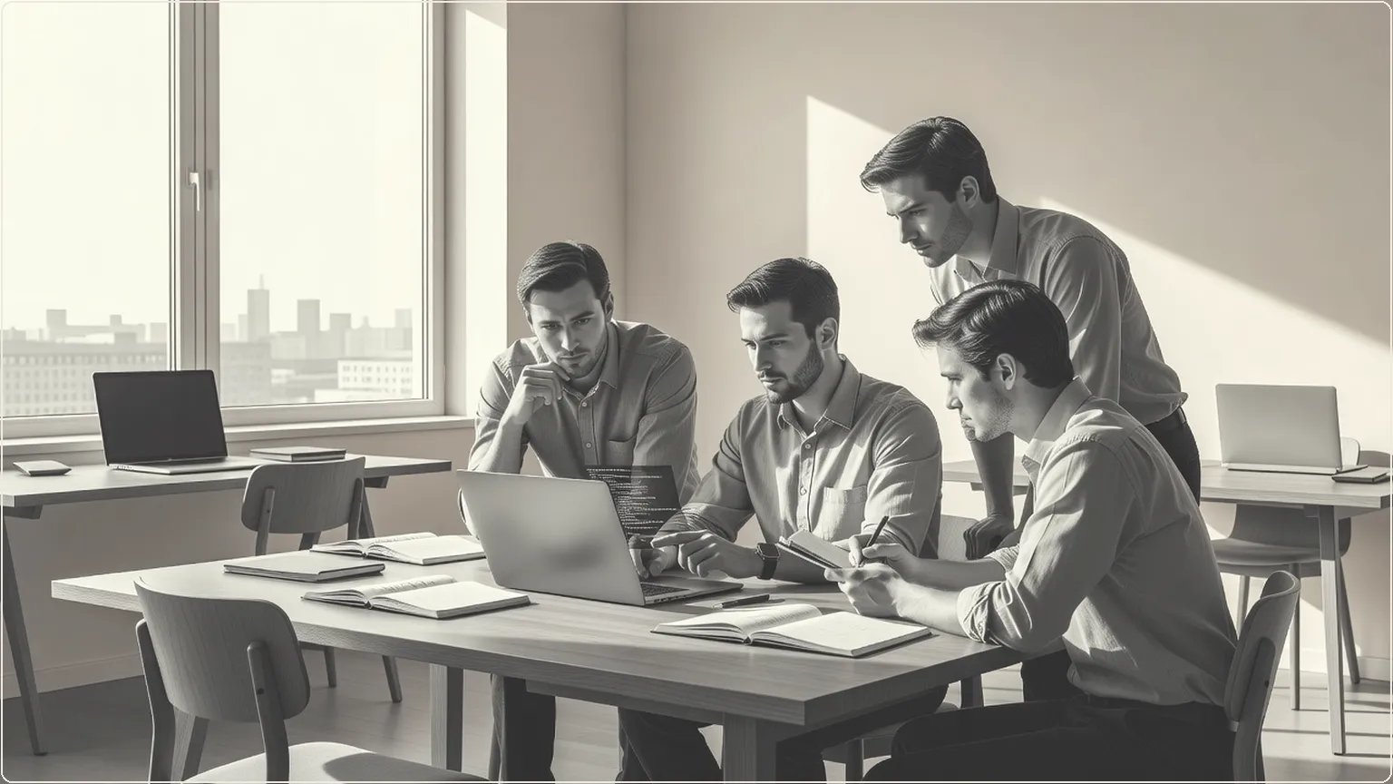 Developers collaborating around a laptop in a bright office, discussing code