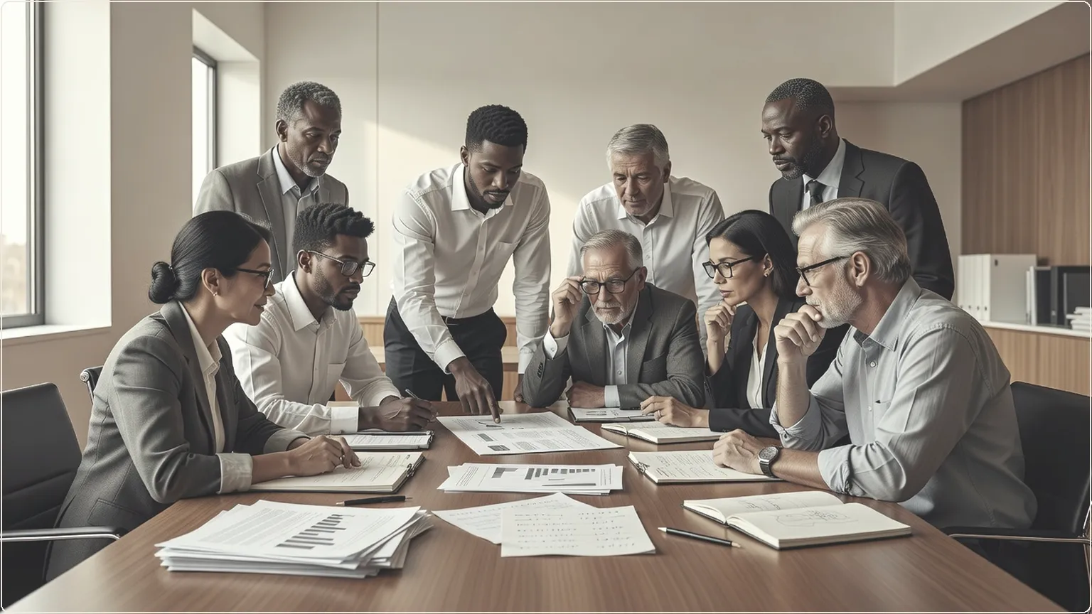 Researchers collaborating over documents in a bright office