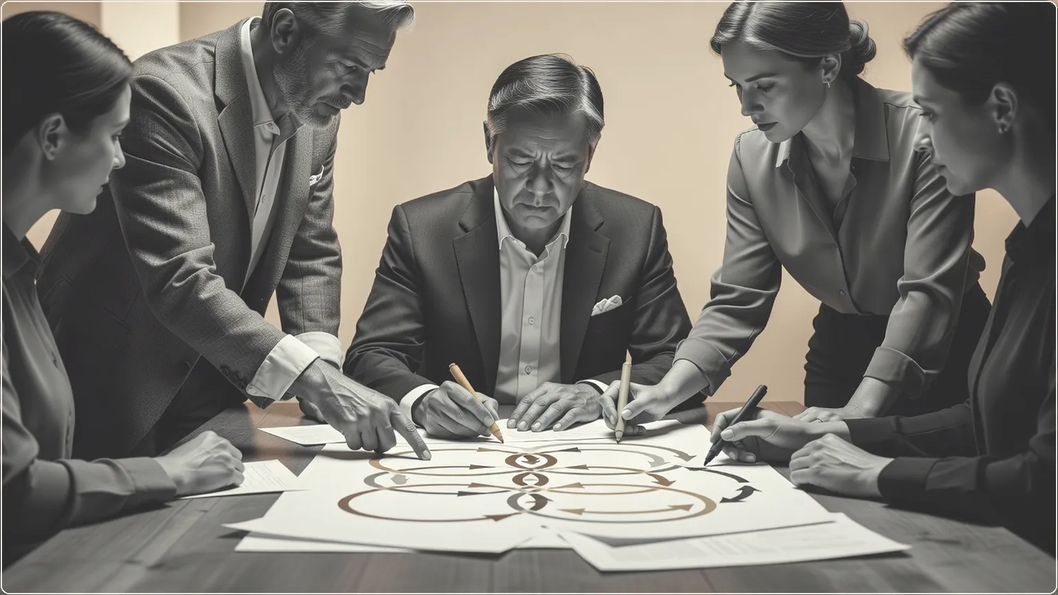 Andrew Ng and colleagues sketching interconnected loops on paper at a table