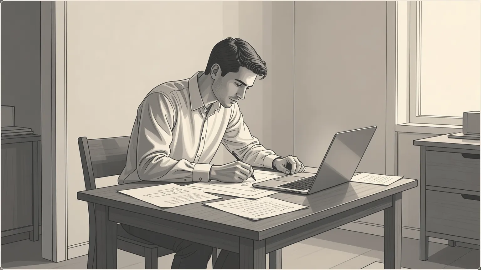 Young man reviewing sketches and laptop in a cozy apartment