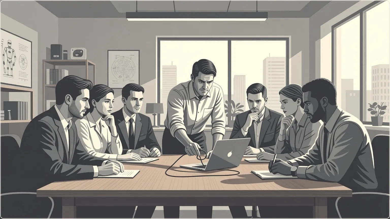 Engineers in an office as one unplugs a laptop during a meeting