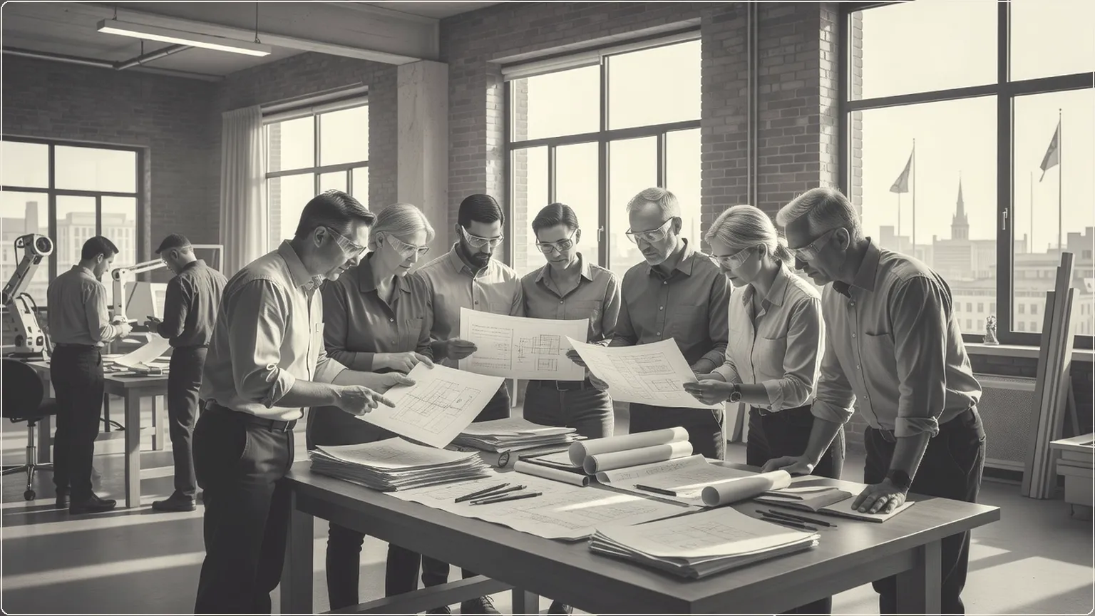 Engineers collaborating at a wooden table covered with papers and sketches in a bright room
