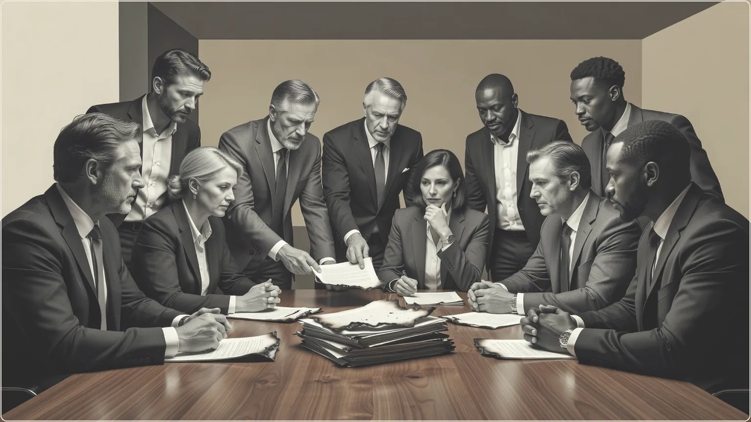 Executives reviewing burned documents at a meeting table