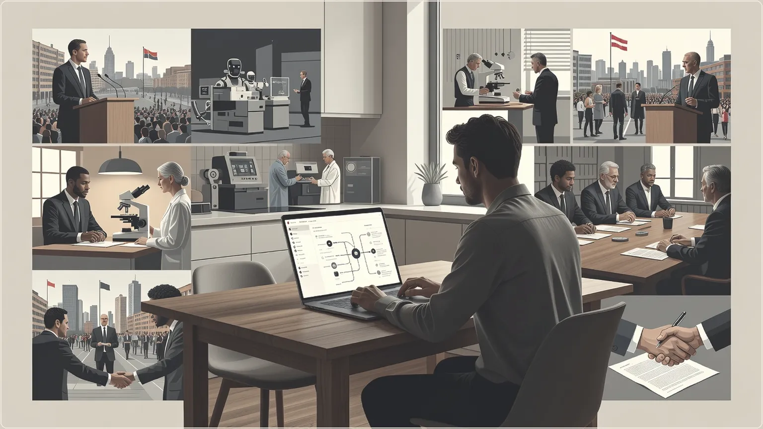 Developer at kitchen table using laptop to orchestrate AI agent workflows