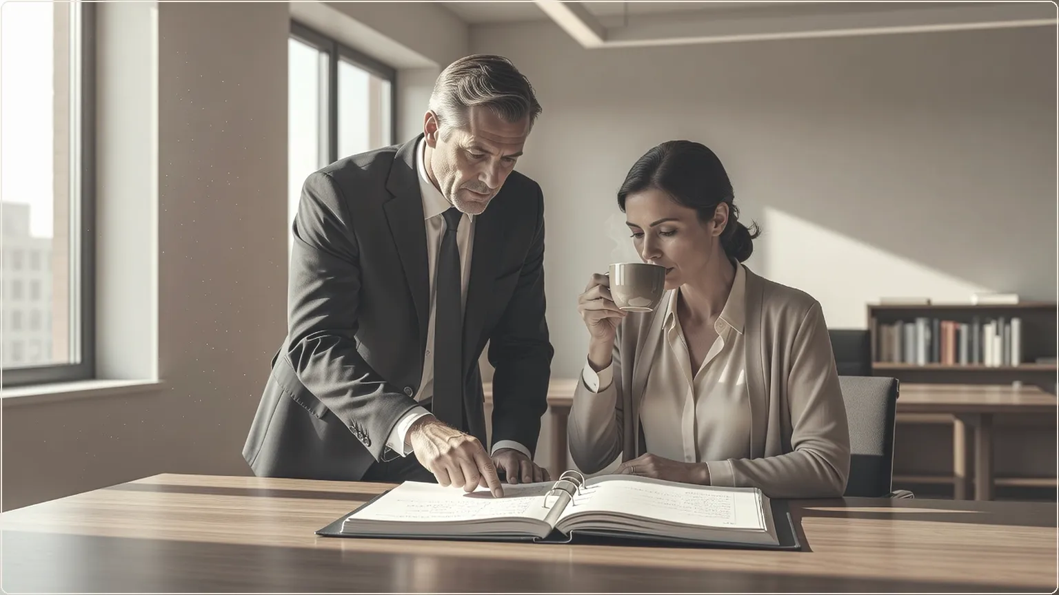 Two professionals reviewing an open playbook binder together in a bright office