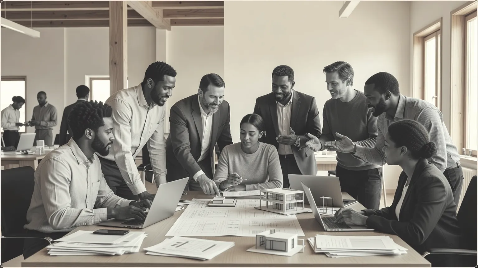 Team of AI researchers collaborating around a table with papers and laptops in a sunlit office