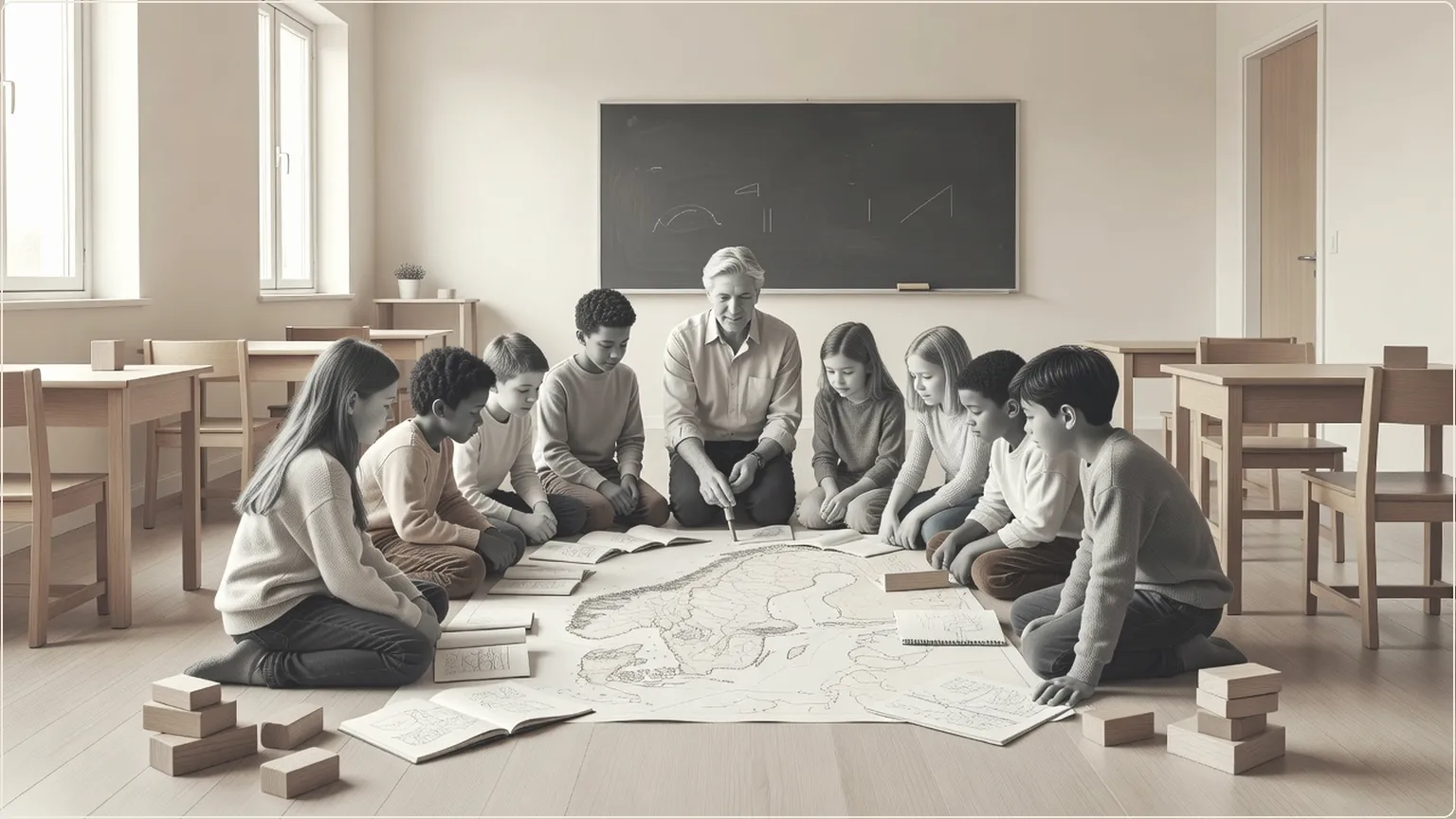 Teacher and children gathered on a classroom floor, focused on paper sketches and wooden blocks