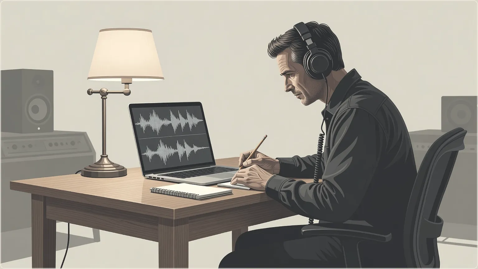 Sound engineer comparing audio samples at a desk