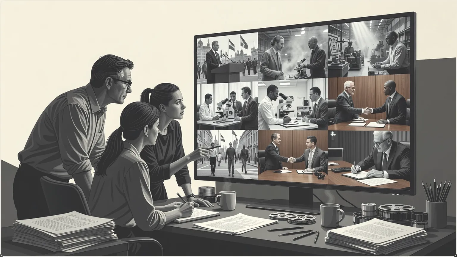 Video editors and directors reviewing footage together in a studio
