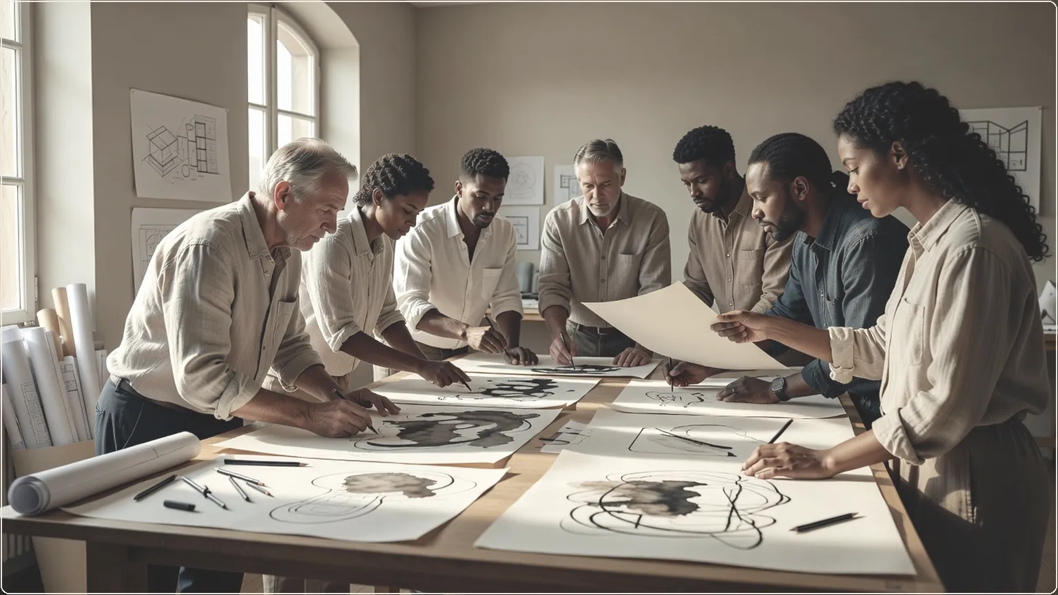 Researchers sketching and sharing ideas on paper in a bright studio