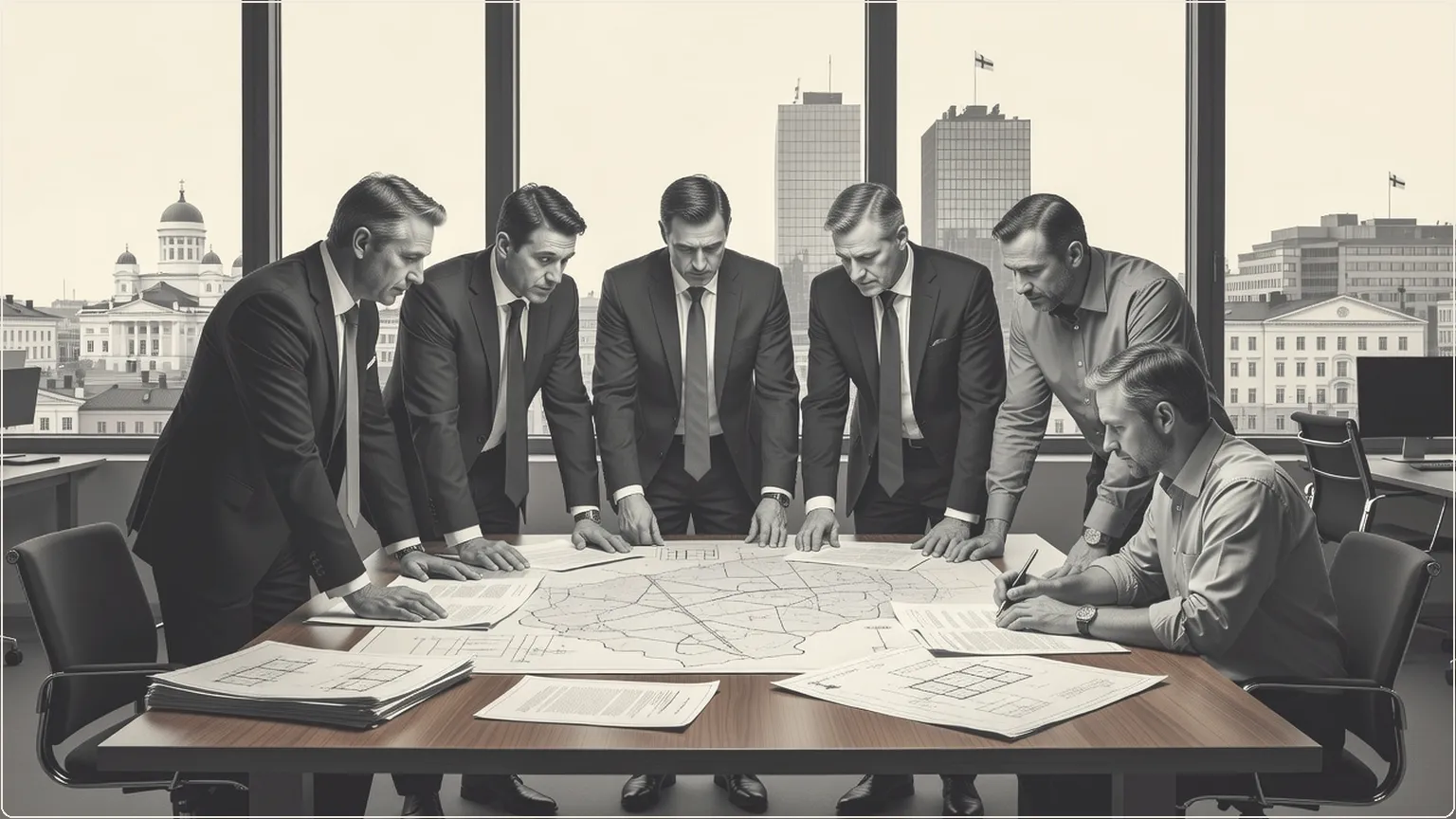 Business professionals reviewing project documents in a Finnish office
