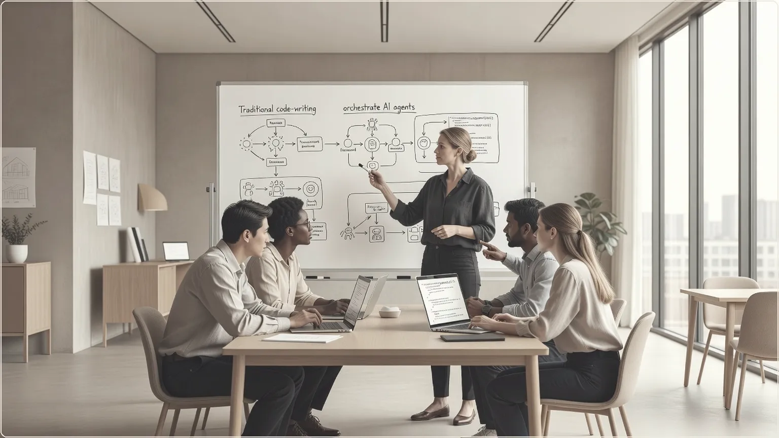 Utvecklare som samarbetar kring en whiteboard i ett solbelyst kontor