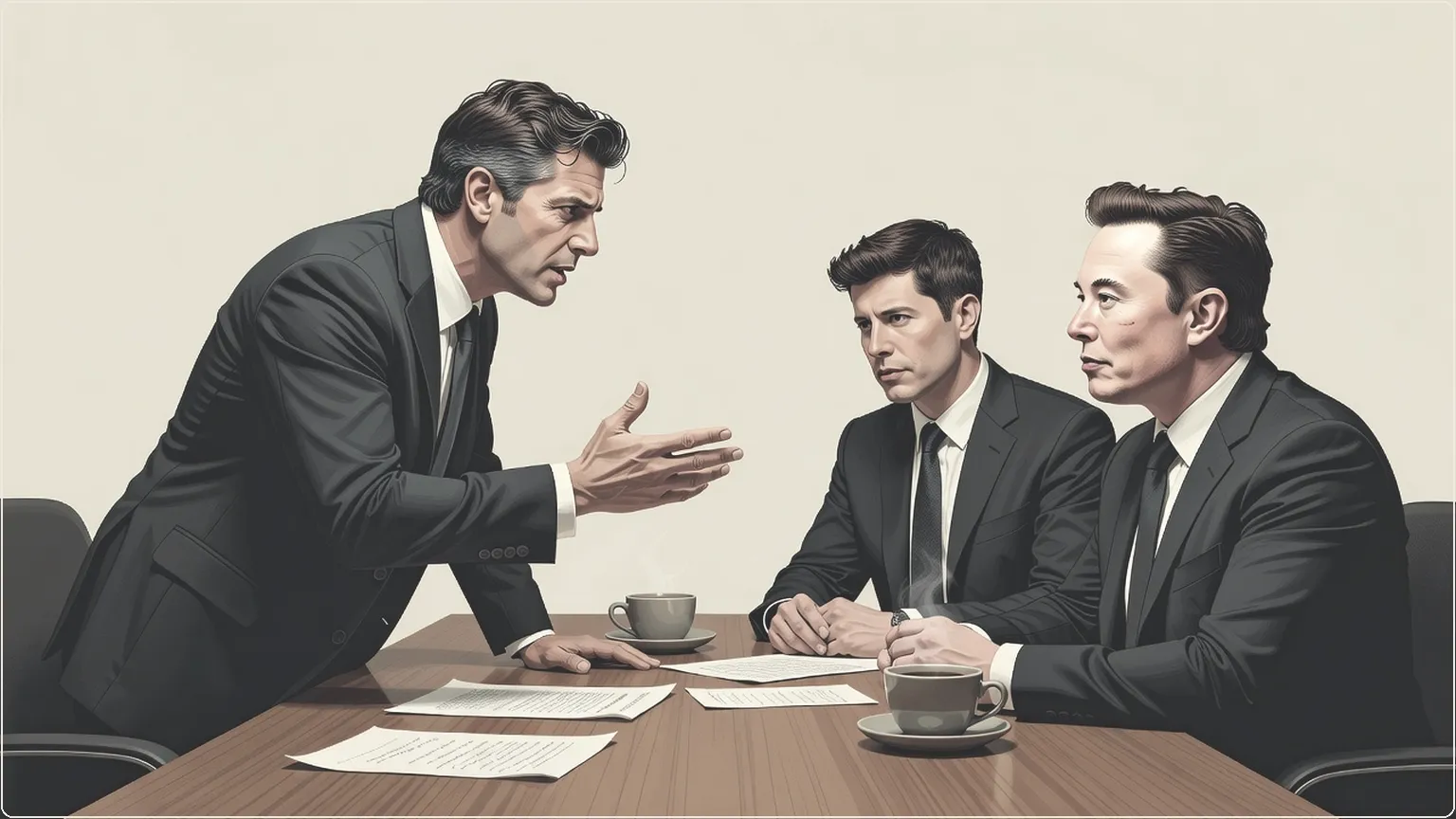 Three AI executives in conversation around a table