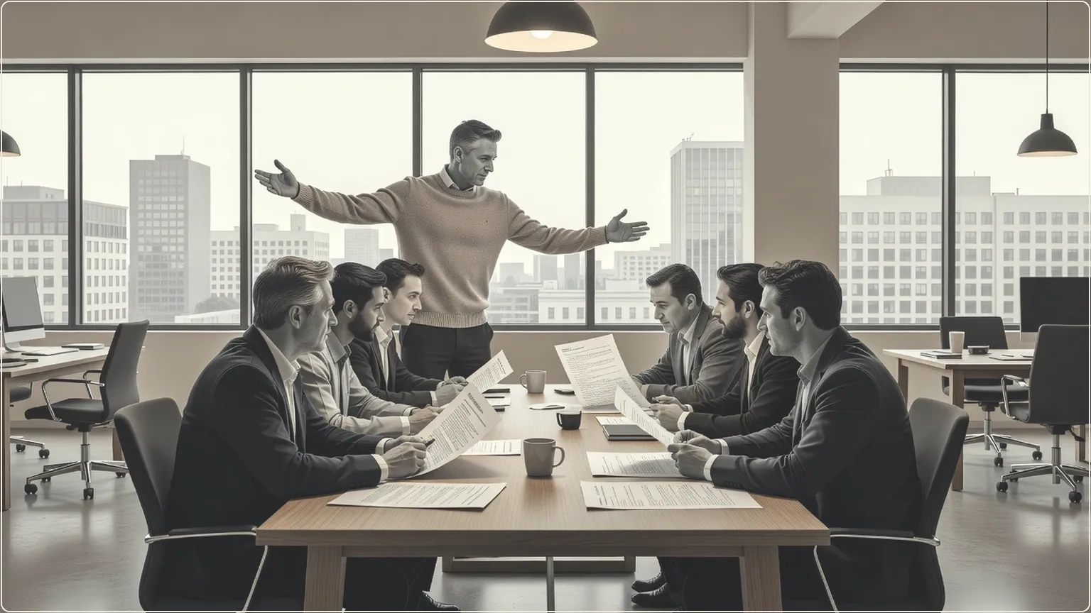 Engineers collaborating around a table in an office, one directing the discussion