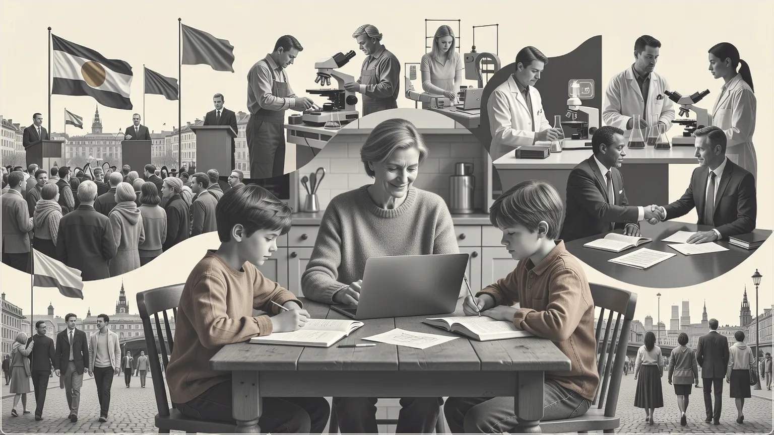 Parent closing laptop as children read books at kitchen table