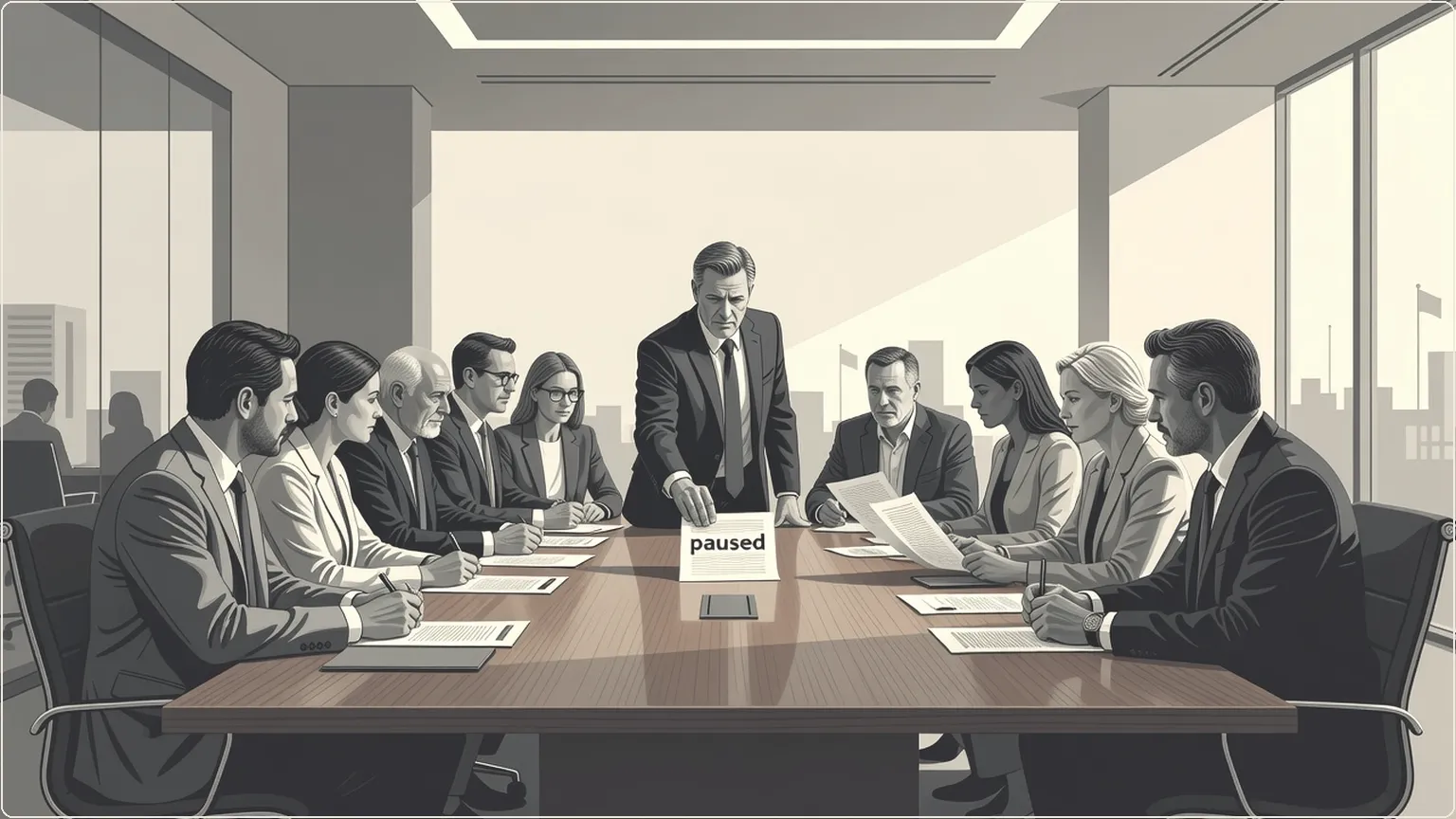 OpenAI employees in a meeting room pausing a project