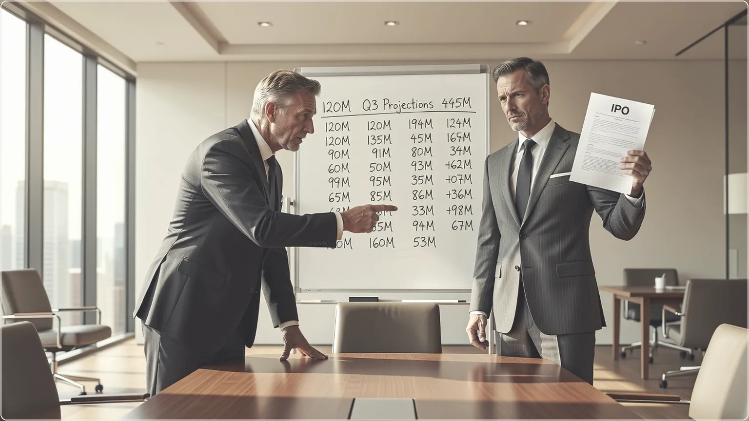 Executives debating valuation figures and an IPO document in a bright office