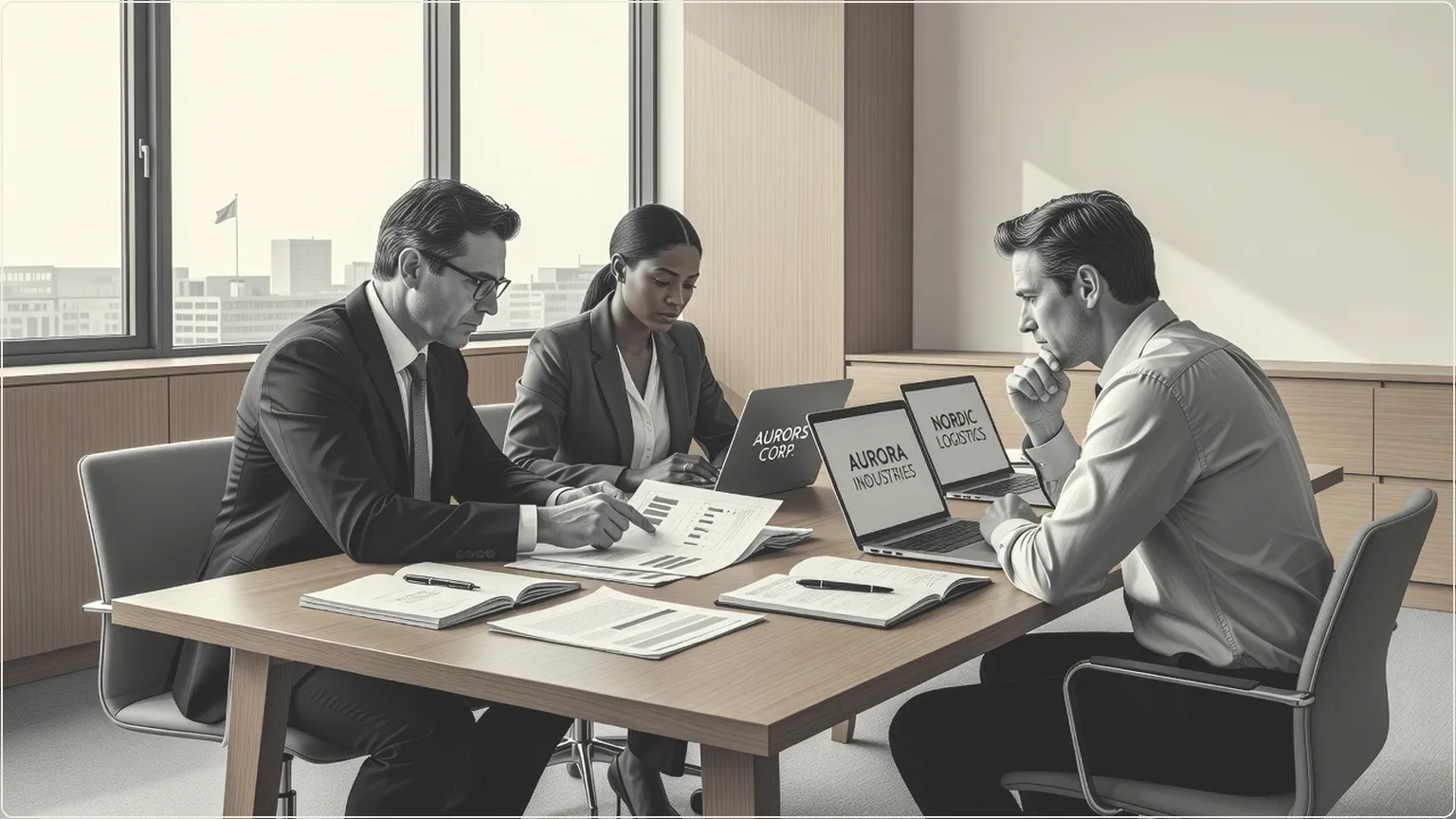 Security analysts reviewing company reports around a conference table