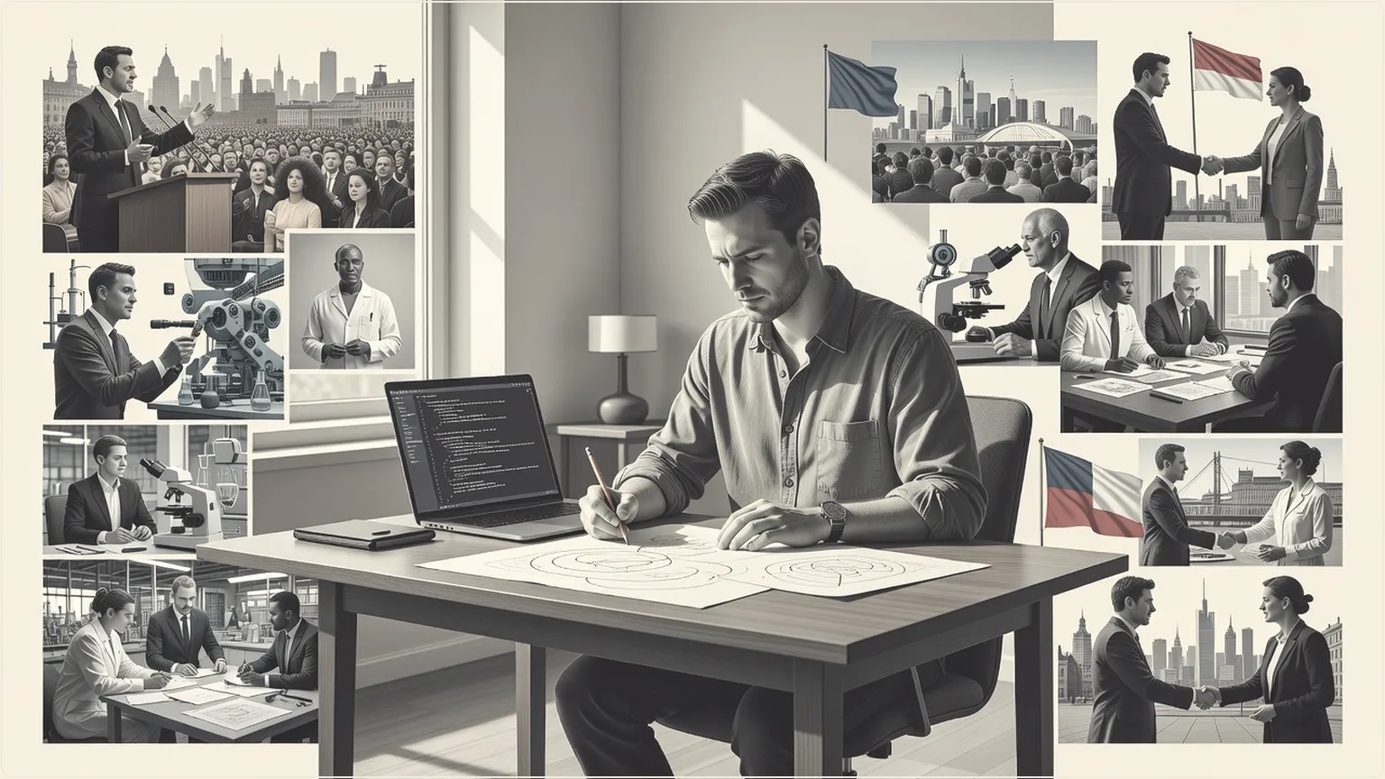 Andrej Karpathy sketching at a sunlit desk with laptop and notes