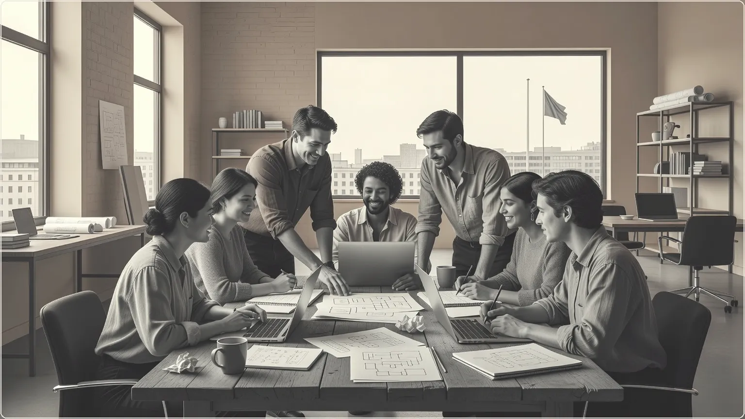 Engineers collaborating around a table with notebooks and laptops in a bright office
