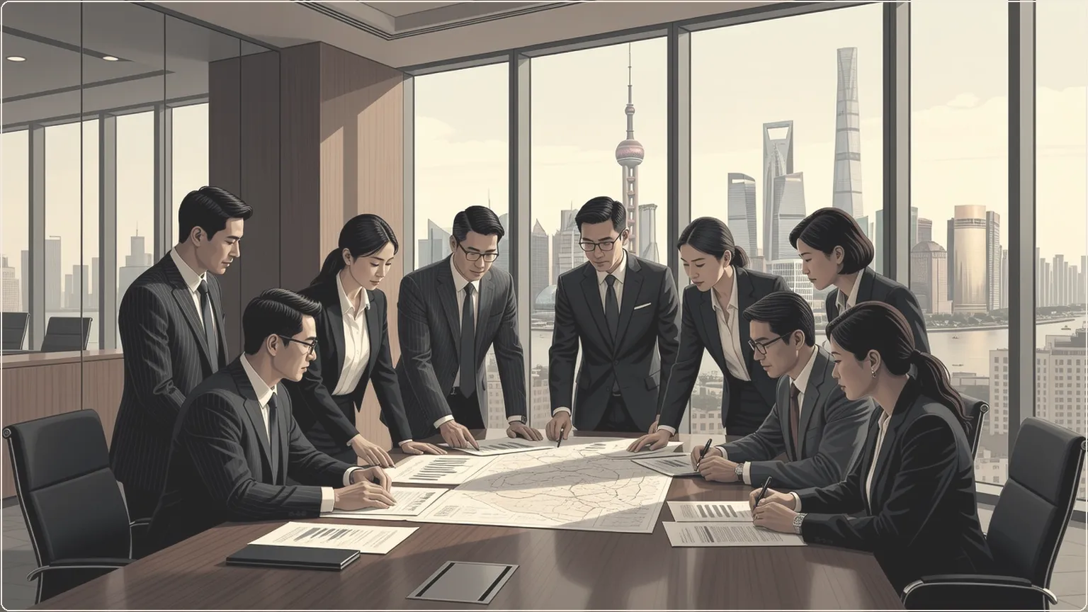 Professionals reviewing IPO documents in a sunlit Shanghai office