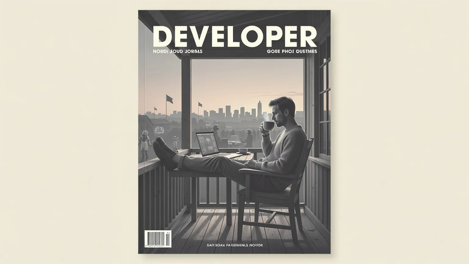 Developer relaxing on porch with laptop running code in background