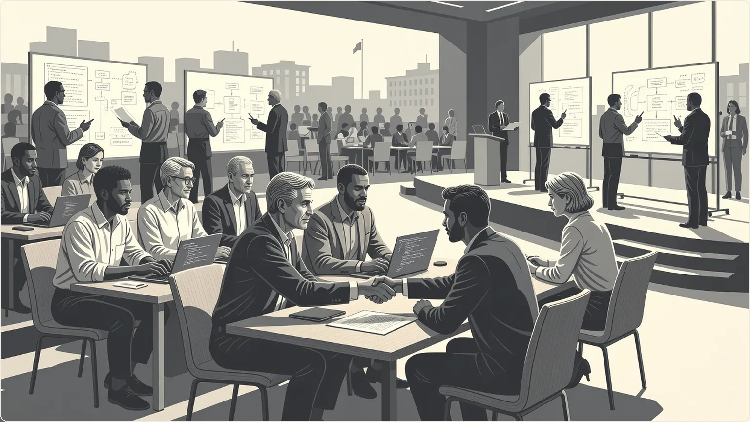 Developers collaborating at a conference with a subtle overhead shadow