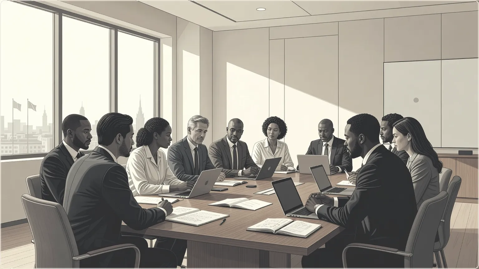 Diverse professionals collaborating around a table in a bright meeting room