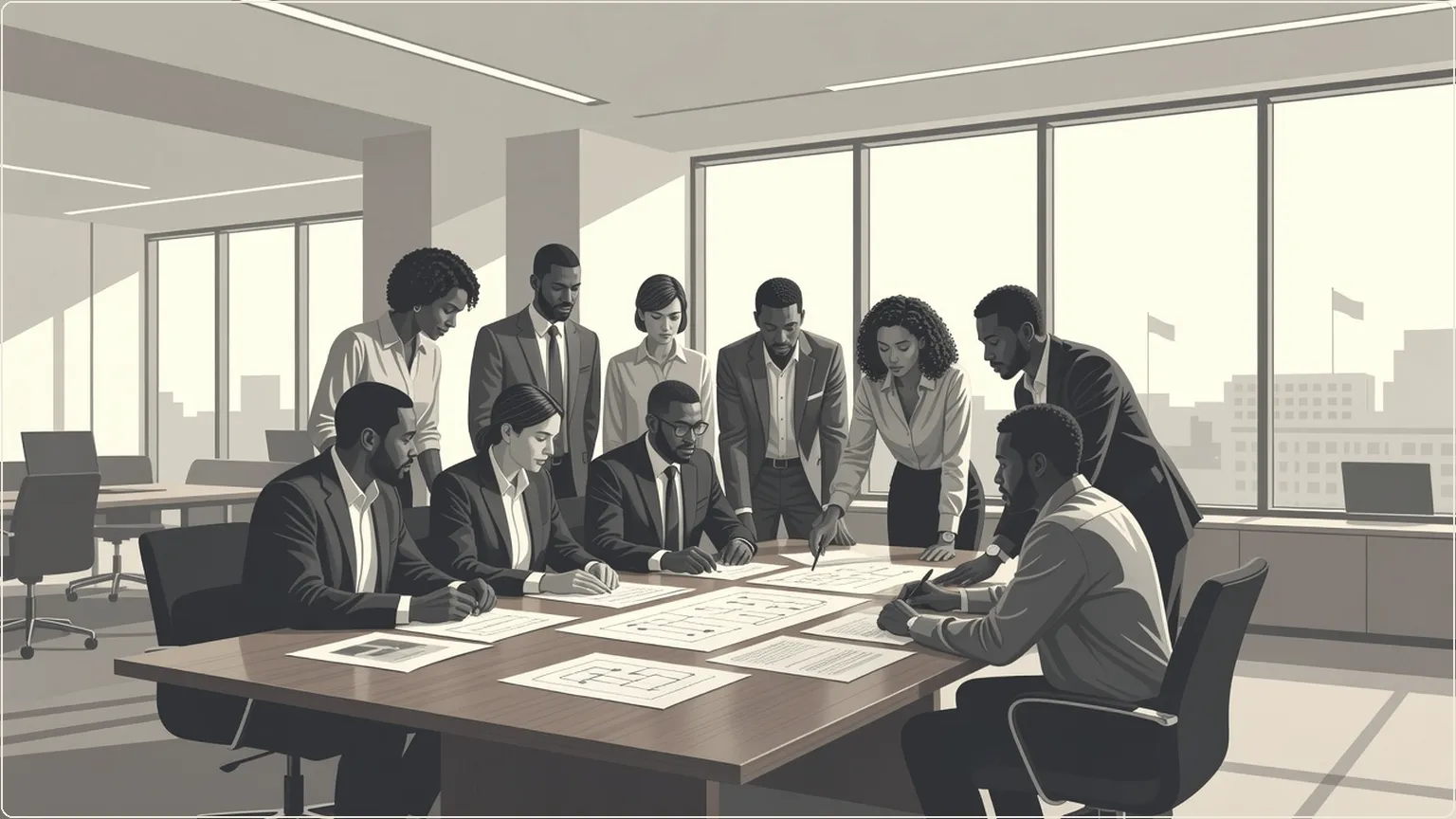 Team collaborating over diagrams on a table in a sunlit office