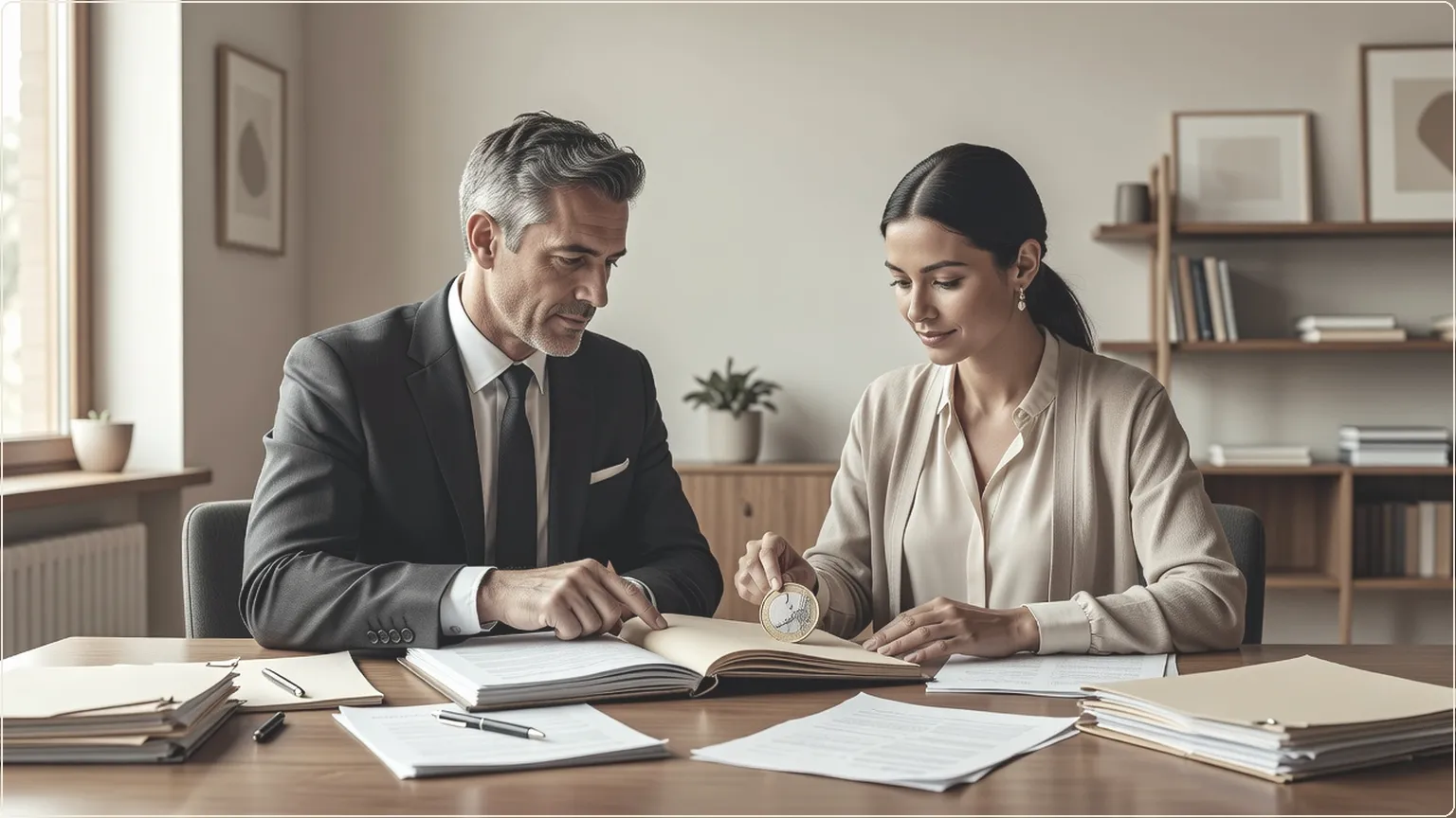 Recruiter and founder at a table reviewing resumes with a euro coin placed between them