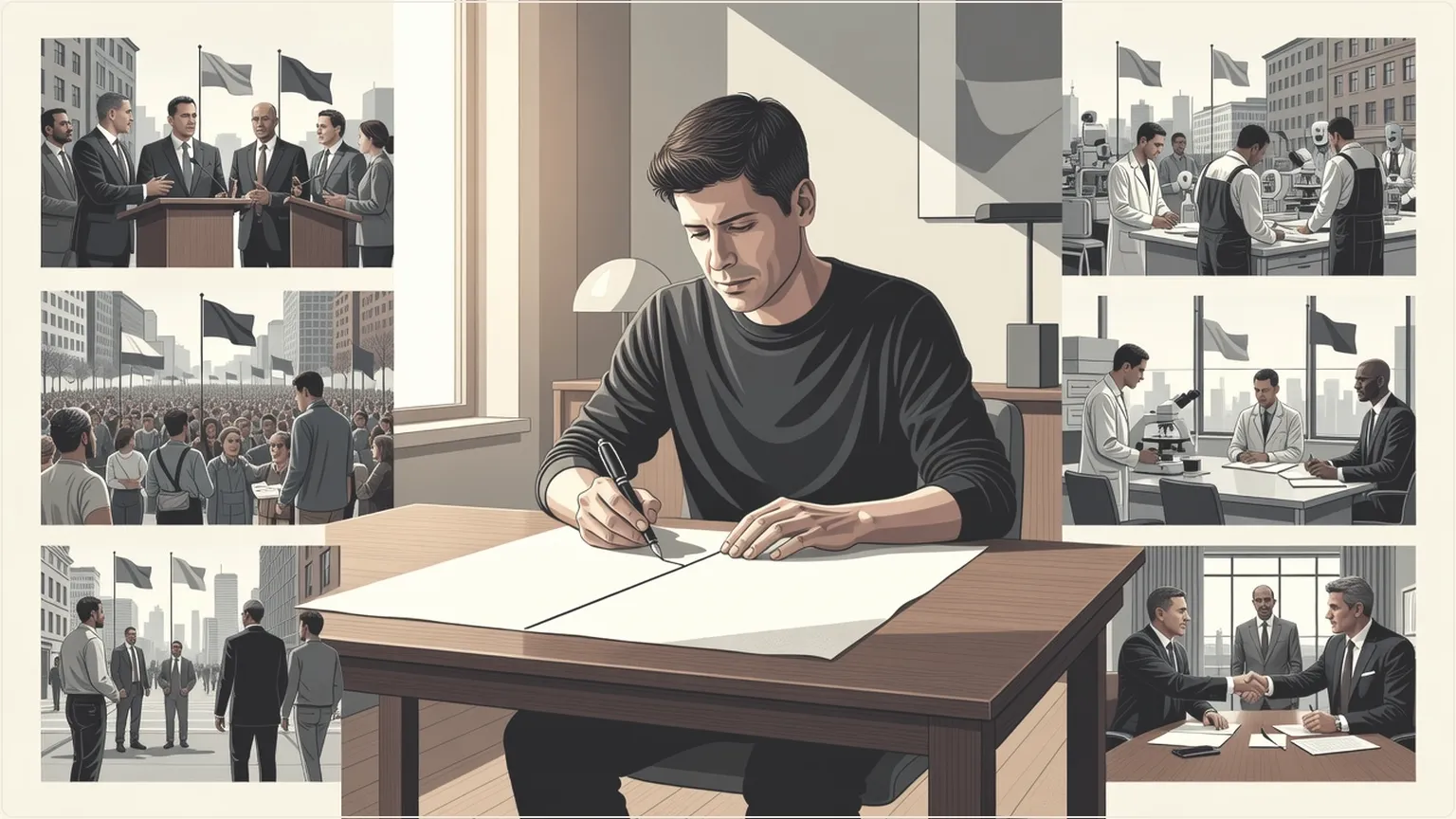 Sam Altman drawing a line on paper at a desk