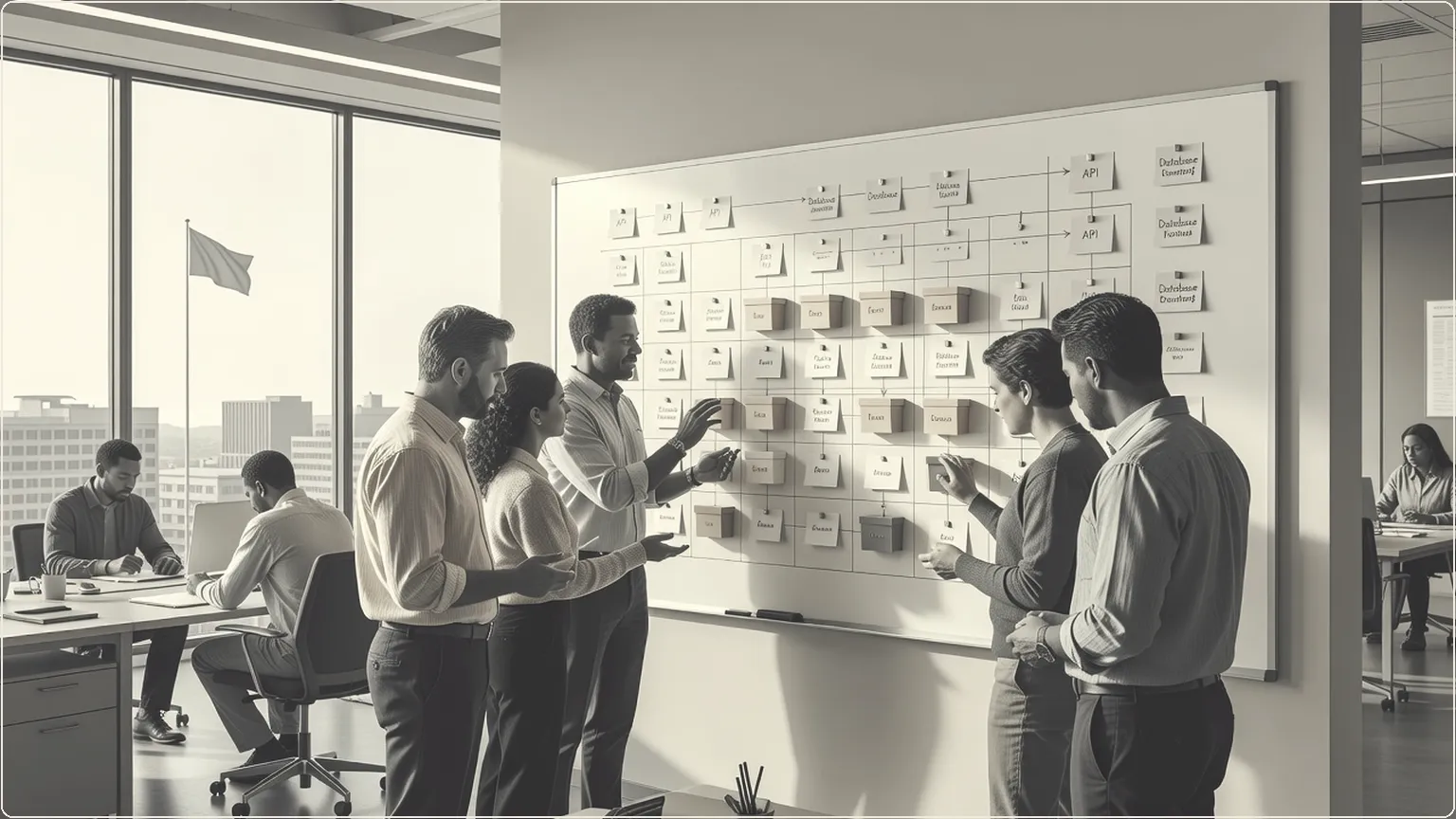 Engineers arranging workflow containers on an office board