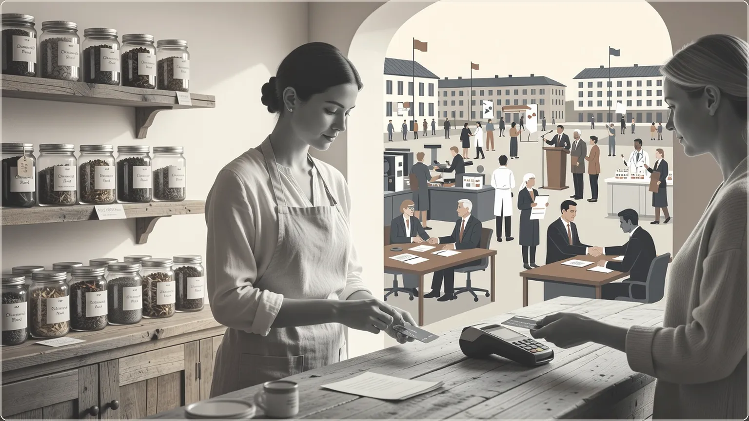 Wellness shop scene with person stocking natural products and customer making a purchase