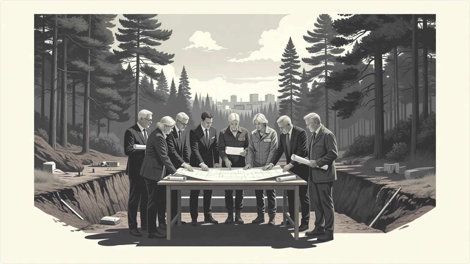 Group of people reviewing blueprints at a paused construction site in a Finnish forest