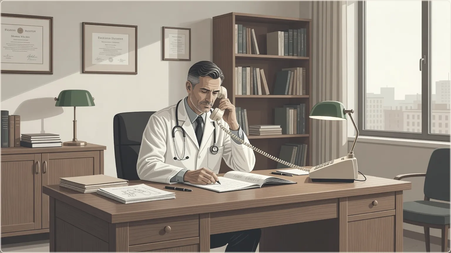 Doctor on a hospital phone call reviewing medical records